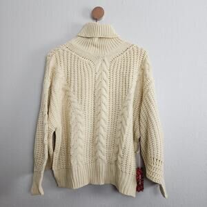 NWT Cream Cable Knit Turtleneck Sweater Balloon Sleeve Chunky Knit S/M